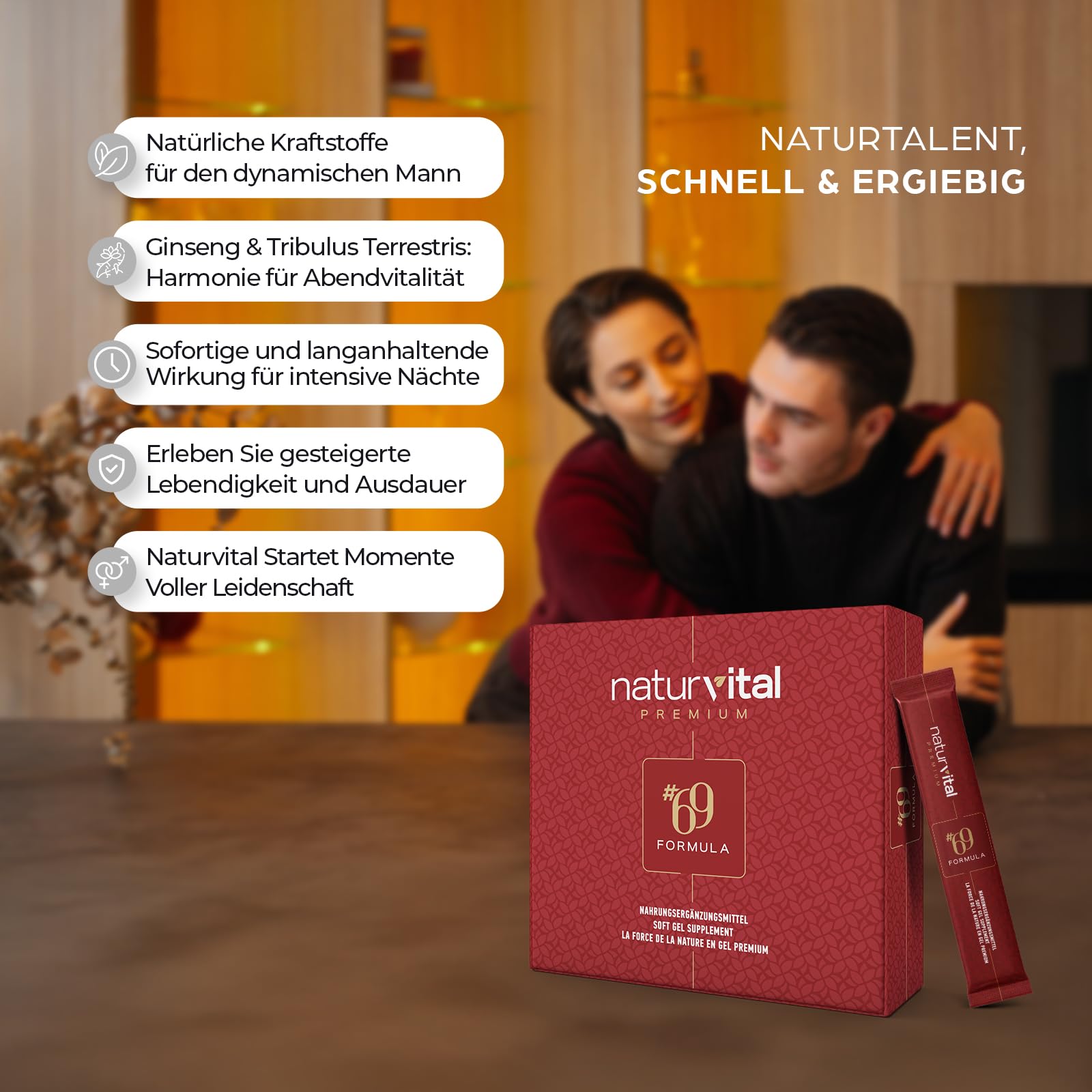 NATURVITAL Premium 69 Formula Maca Gel, Sofortwirkung, Extra Stark für aktive Männer, Ginseng & Tribulus Terrestris, 12x12g Stick - 1 Stück