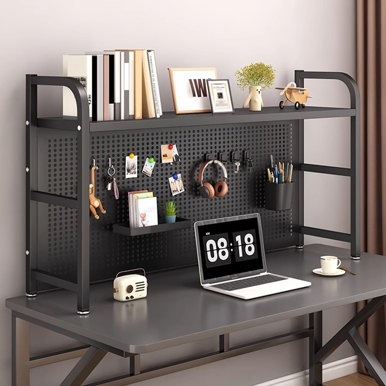 CWCQGH Freestanding Desktop Bookshelf with Pegboard, Multipurpose College Desk for Home Office, Dorm Room Decor, Space-Saving Furniture for Living Room,Black 1-95cm/37.4in