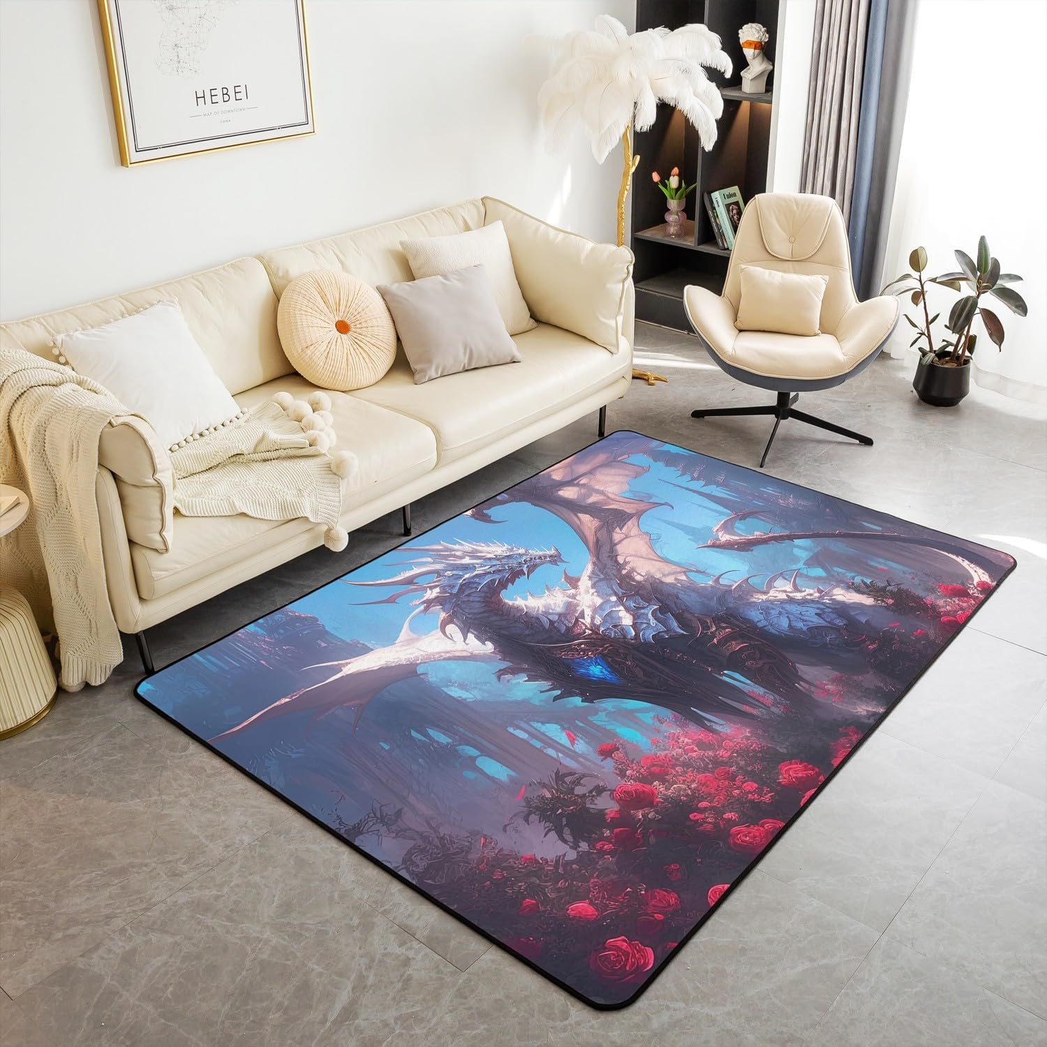 Erosebridal Dragon Area Rug 5x7, Gothic Purple Rose Skull Dragon Indoor Floor Mat for Kids Boys Men, Western Fantasy Animal Non Slip Rectangular Carpet, Magical Nebulas Decorative Rug for Living Room