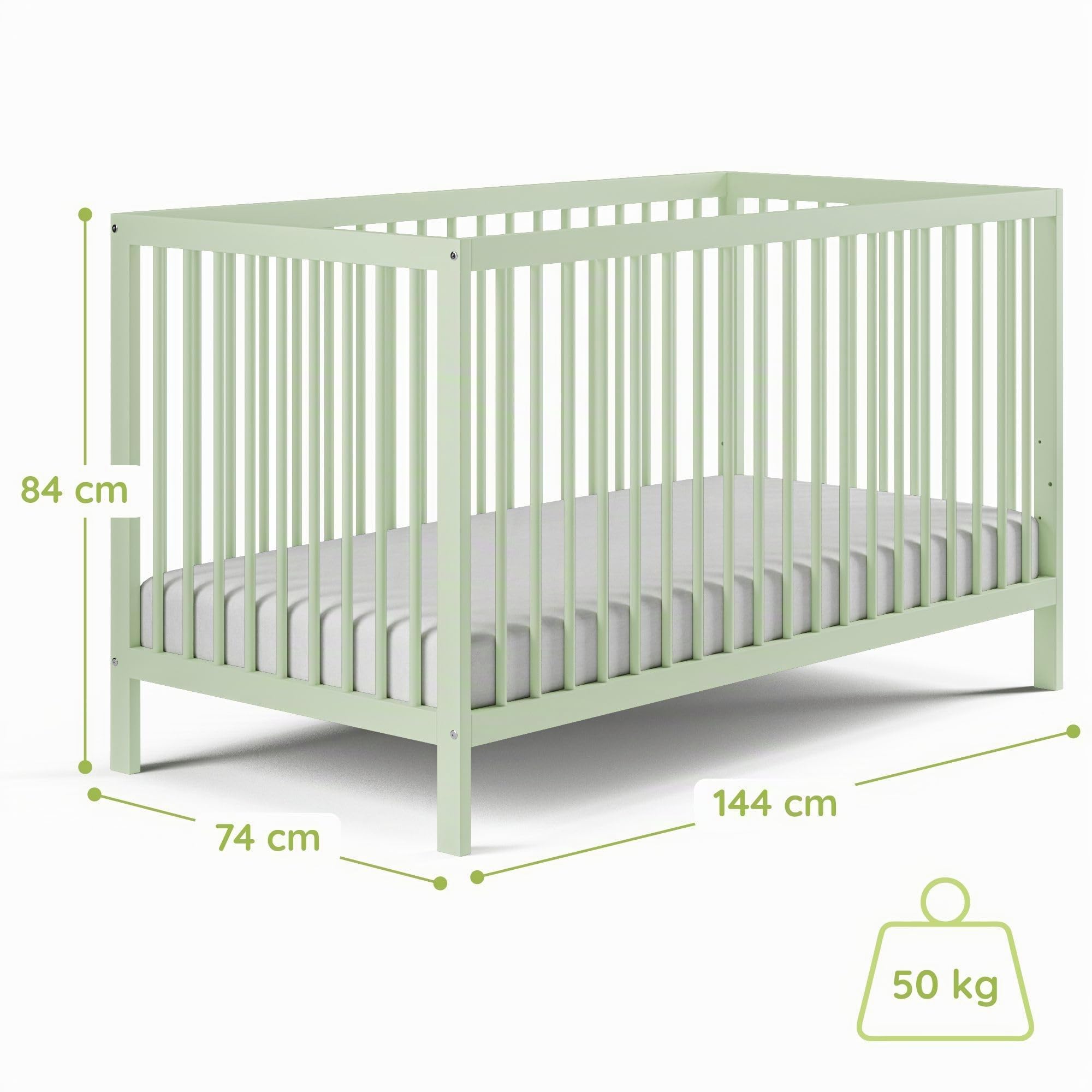 Kids Collective Letto per Bambini in legno di faggio 60x120 cm e 70x140 cm | Rete regolabile in altezza, sbarre removibili | Dalla nascita fino a 3 anni | Prodotto in UE | verde