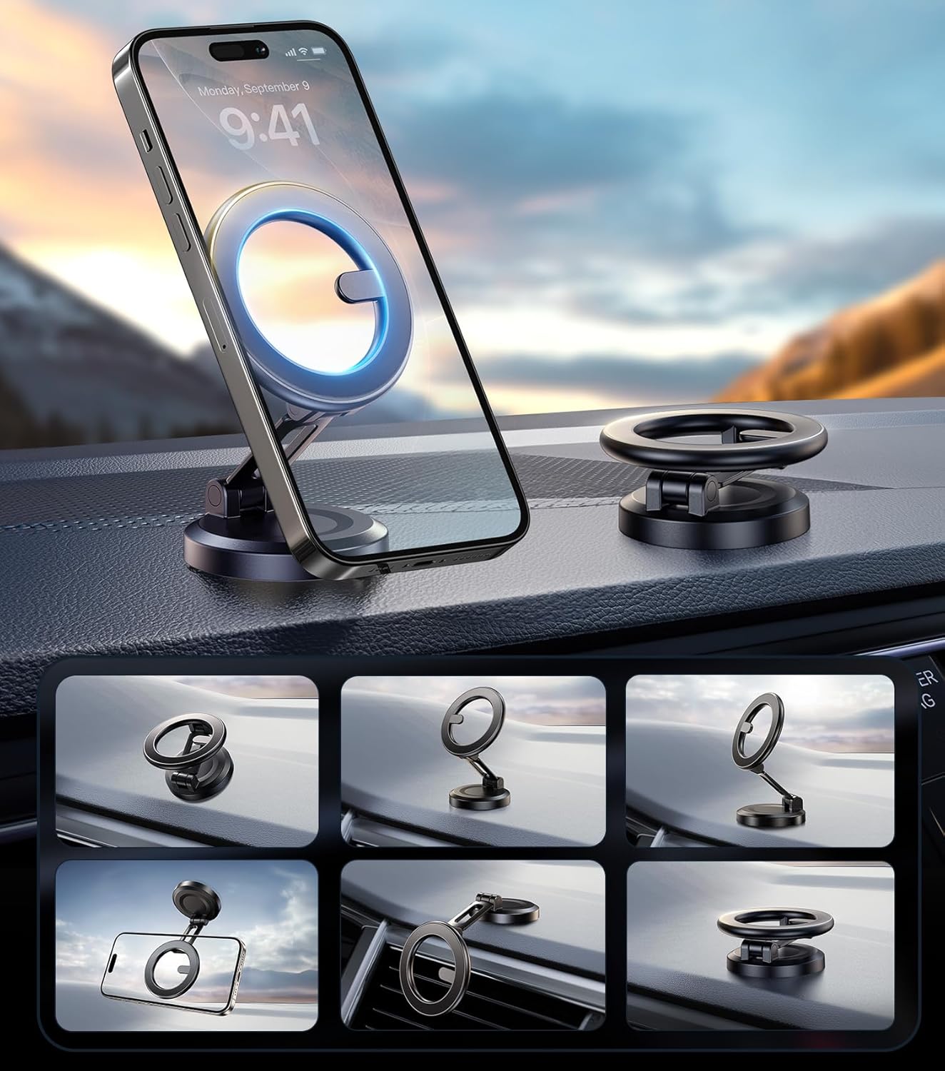 【World Minimal Space Design】 Folding Car Phone Holder Mount for Magsafe, Dashboard Windshield Magnetic Mount, Best Car Accessories for iPhone 16/15/14/13/12 Pro Max Plus, Men & Women A-ABS+3M - Image 1 of 9