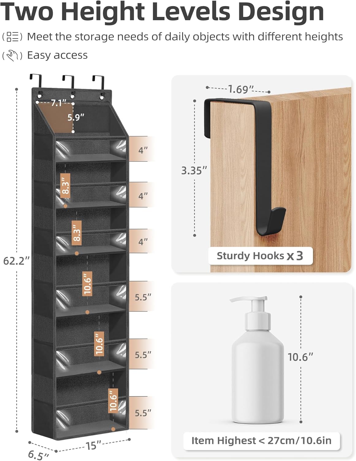 STORAGE MANIAC 2-Pack Adjustable Hanging Closet Rod + Over Door Hanging Organizer 6 Shelves