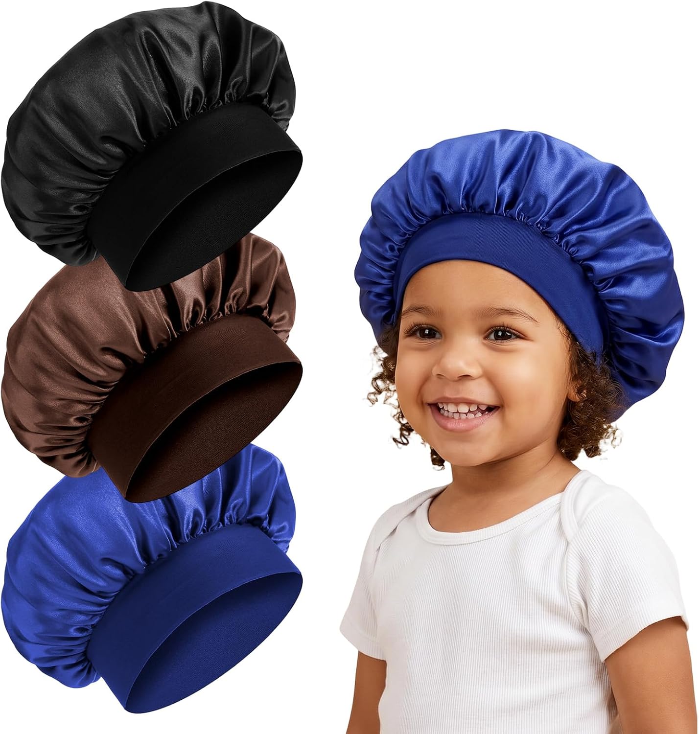 3 Pcs Kids Satin Bonnet for Sleeping, Adjustable Double-Layer Soft Hair Sleep Cap Wide Band Sleep Bonnet Hat with Scrunchies for Curly Hair Braids, Black Brown Dark Blue