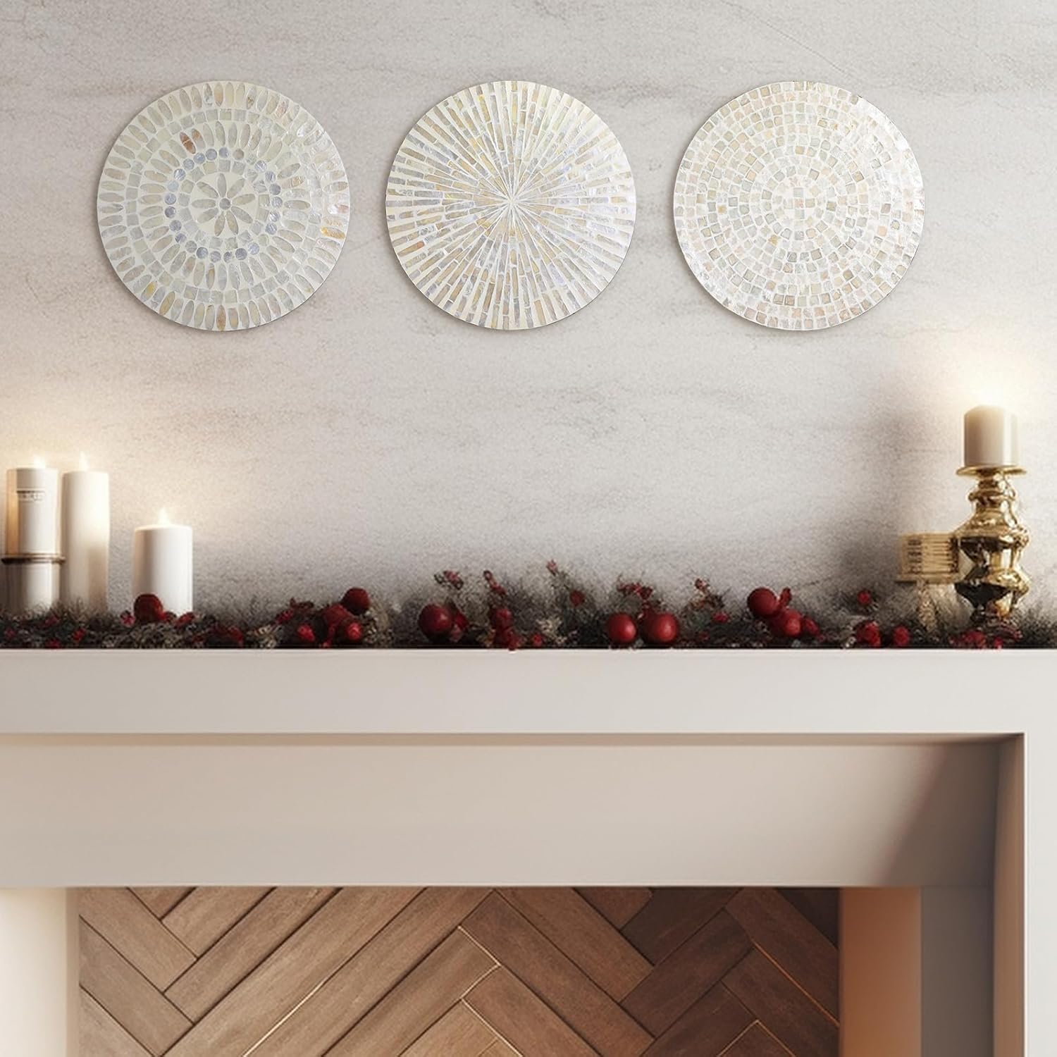 Tioncy 3 Pcs 11.8 Inches Mother of Pearl Shell Plate Coastal Wall Art Mosaic Wall Sculpture Shell Handmade Hanging Plates Arts for Halloween Christmas Bedroom Bathroom Home Office Hotel(White)