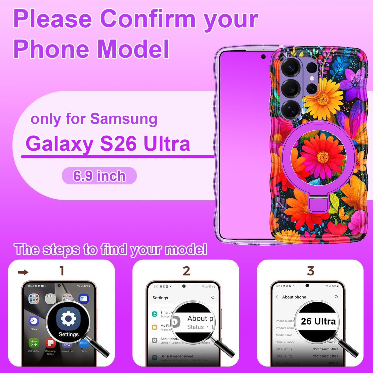 Meshine for Galaxy S26 Ultra Case with Magnetic Stand,[Compatible with MagSafe]Wave Frame Cute Flower Design Shockproof Drop Protective Women Girls Cover for Samsung Galaxy S26 Ultra,All PurpleFlowers