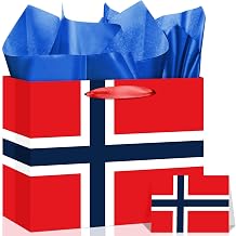 Neptniopllab Norway Flag Gift Bag with Card & Wrapping Papers,Norwegian Flag Theme Party Decorations Gift Bag for Norway National Day of NOR,Carnival,Birthday,Travel Souvenirs Goodie Treat Bag