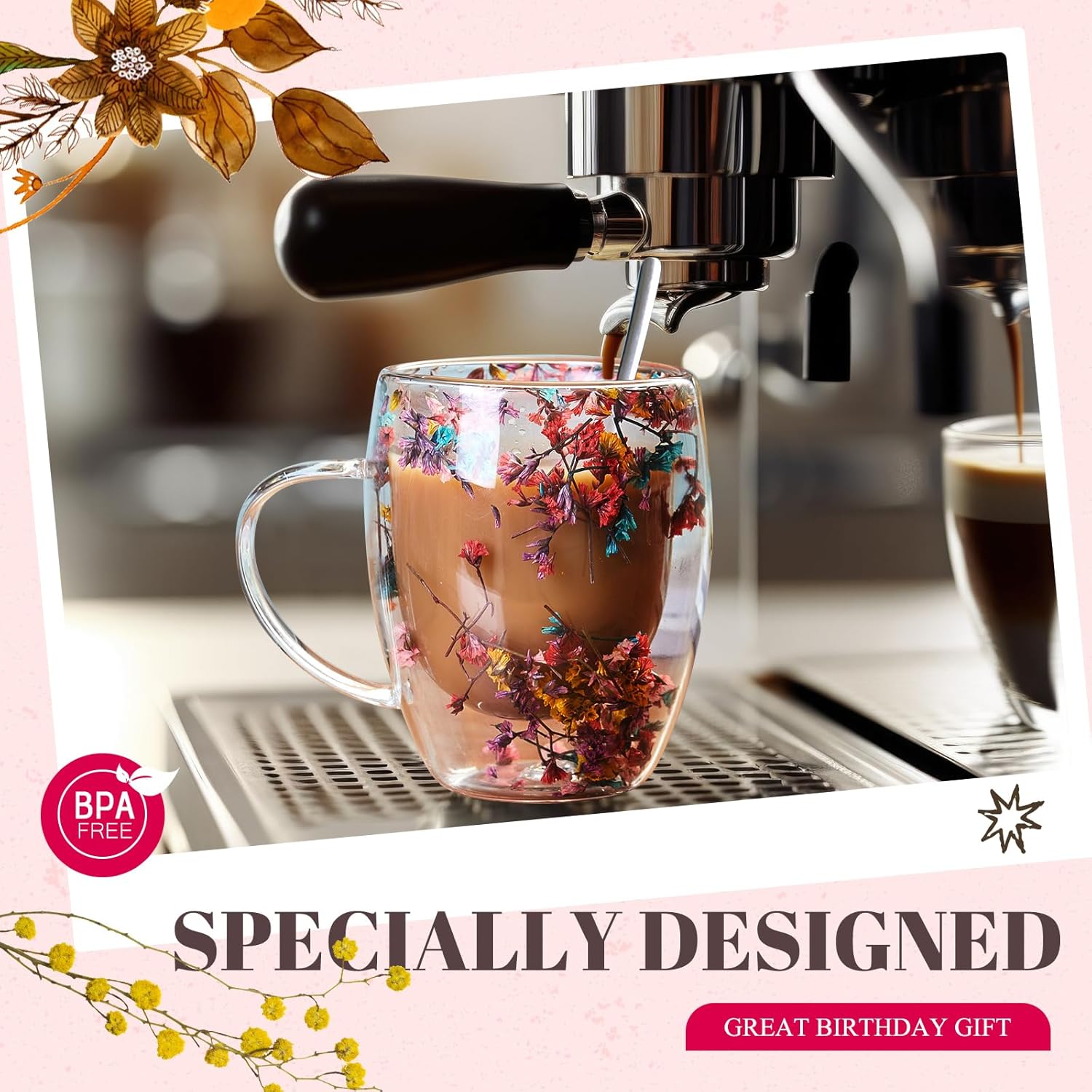 Rtteri 11.8 oz Double Wall Glass Coffee Mug with Bamboo Lid and Spoon Clear Flower Insulated Coffee Mugs with Handle Double Glass Cup Tea Cup for Cappuccino Latte Beverage - Image 6