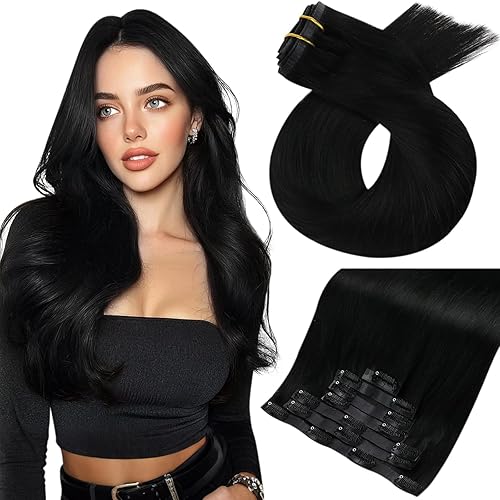 Moresoo - Extensiones de cabello humano negro real con pinzas, sin costuras, trama de piel de poliuretano, para toda la cabeza, negro natural, de 18