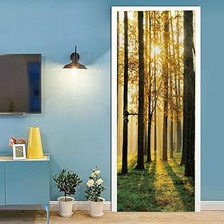 Sunny Plants Door Stickers for Interior Doors Woodland Scenery 3D Door Sticker Murals Decals Wallpaper Self Adhesive Poster Waterproof for Bedroom Home Decor(77x200cm)