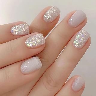 Short Fake Nails Square Press on Nails Short Acrylic Nails Full Cover False Nails with Glitter Sequins Designs Glossy Glue on Nails for Women 24 Pcs