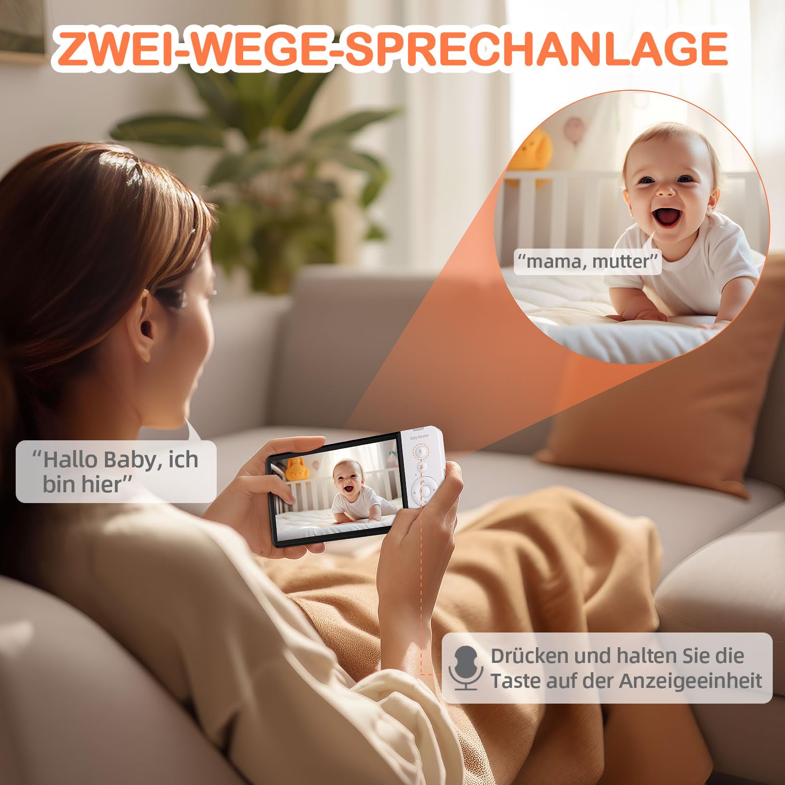 ASFSKY Moniteur pour bébé, babyphone avec caméra, écran HD 5", détection de Serre, Vision Nocturne Infrarouge, Audio bidirectionnel, 8 musiques, Enregistrement vidéo, Mode VOX (Blanc)