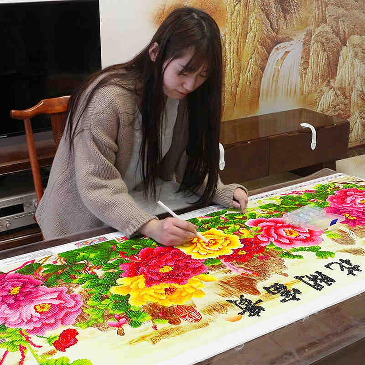 Instarry DIY 5D Broderie Diamant Kit Grand Format Fleur de Pivoine Decoration Murale (150x60 cm)