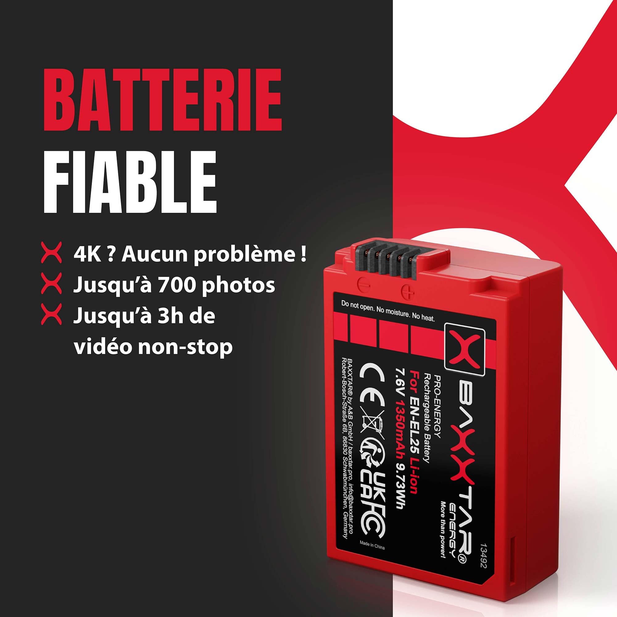 Baxxtar Batterie pour Nikon EN-EL25 EN-EL25a Z30 Z50 II ZFC, 1350mAh 7.6V