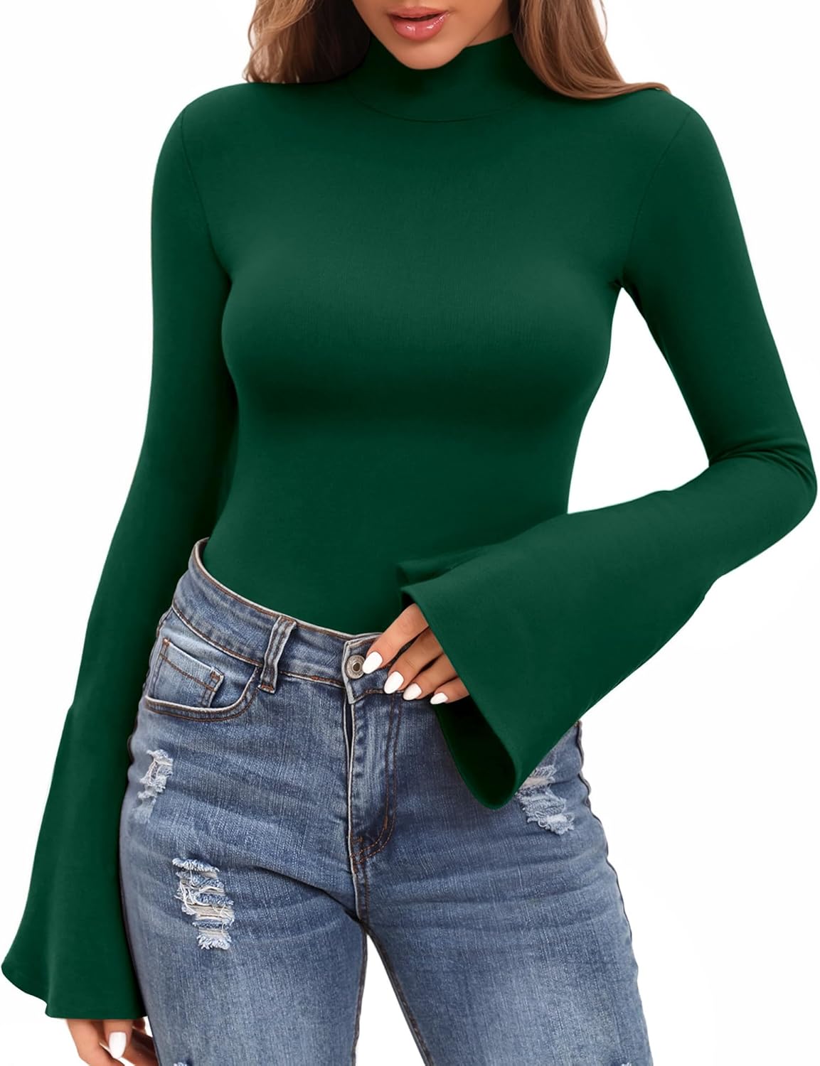 MANGOPOP Bell Sleeve Mock Neck Long Sleeve Bodysuit for Going Out Tops for Women - Image 2