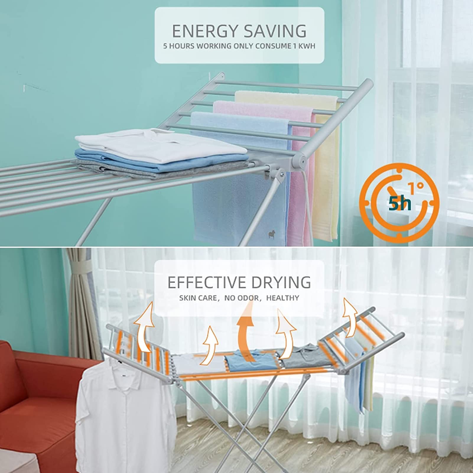 Stendibiancheria Riscaldato Elettrico, Stendino Elettrico Riscaldante 18 Barre 230w, Stendibiancheria Pieghevole a Risparmio Energetico, Scaldasalviette