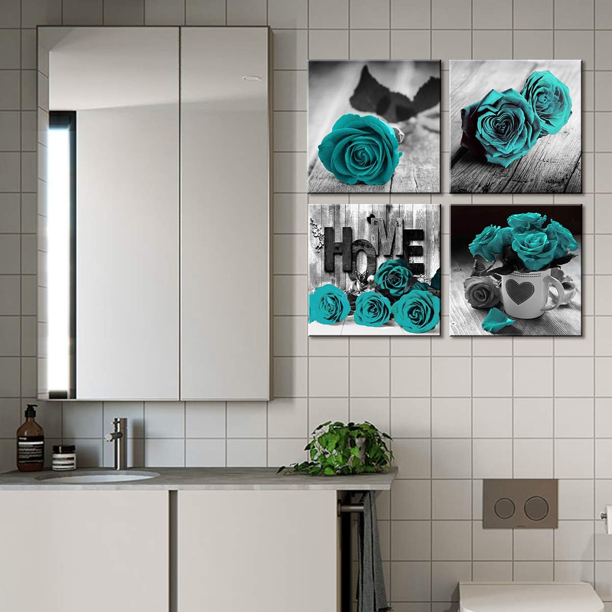 Black and Teal Rose Flower Wall Art Turquoise Bathroom Wall Decor Vintage Home Floral Posters Gray Love Bouquet Picture Canvas Prints Paintings Modern Artwork Bedroom Living Room Decorations 12x12” 4P