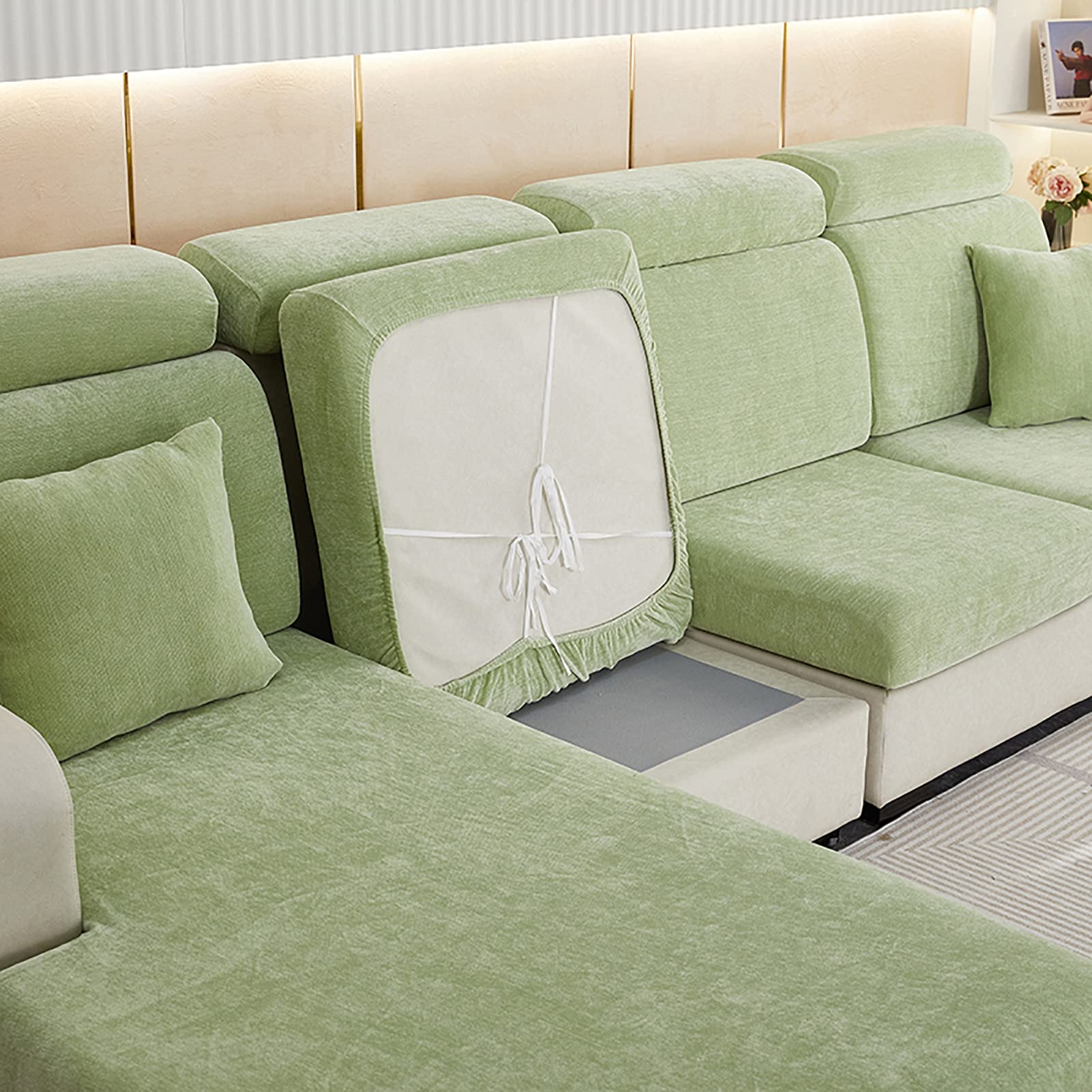 GEBIN Sofa Cushion Covers, High Stretch Chenille Sofa Seat Slipcovers, Couch Cushion Cover Replacement Fitted Washable Sofa Cushion Covers Furniture Protector Cover (Green,1-Seater)