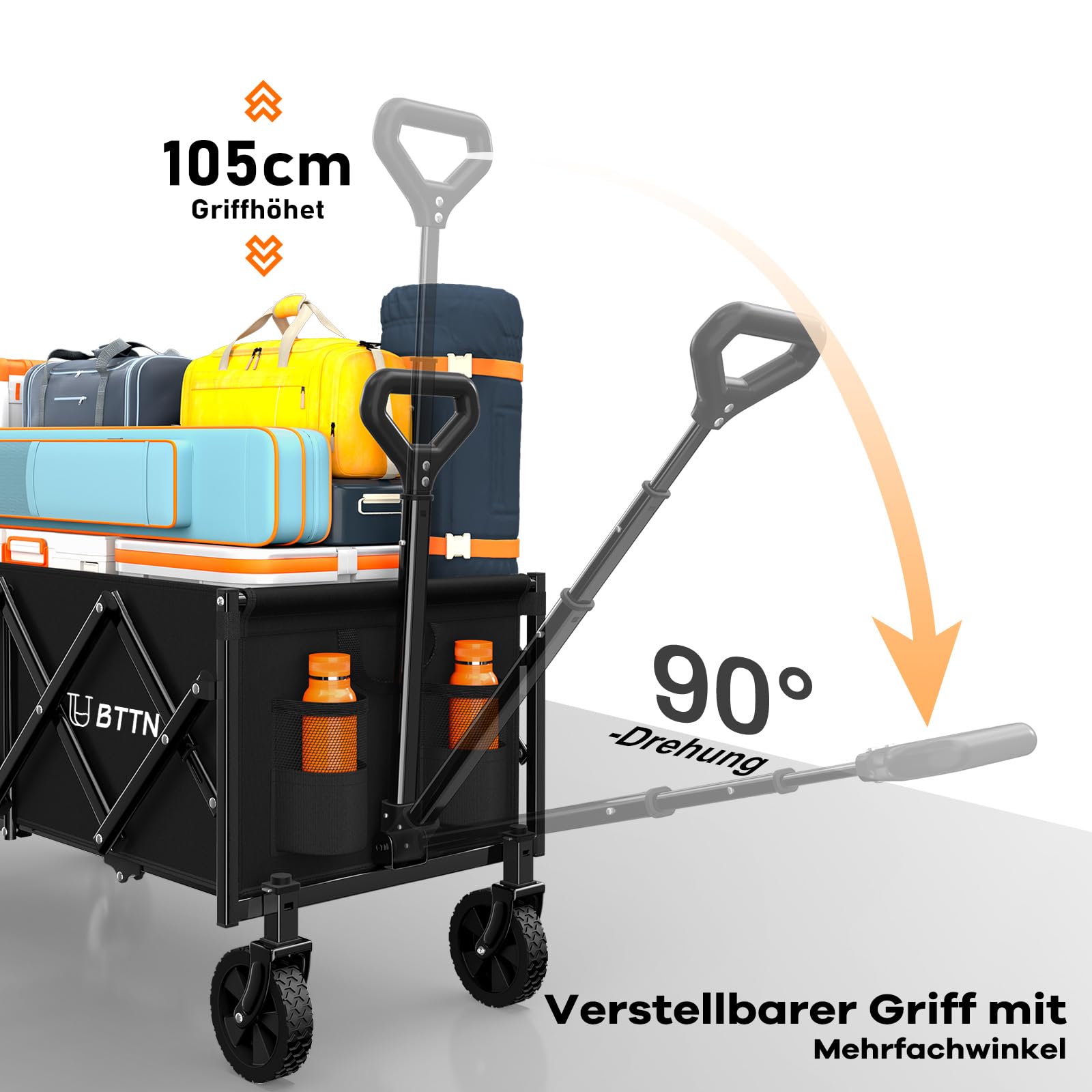 BTTN 120L Klappbarer Bollerwagen, 160kg (350LBS) Traglast Handwagen Faltbar mit Leisen Rädern, Bollerwagen für Garten, Camping, Einkaufen & Picknick, Faltbar Transportwagen mit Stabil Rädern, Schwarz