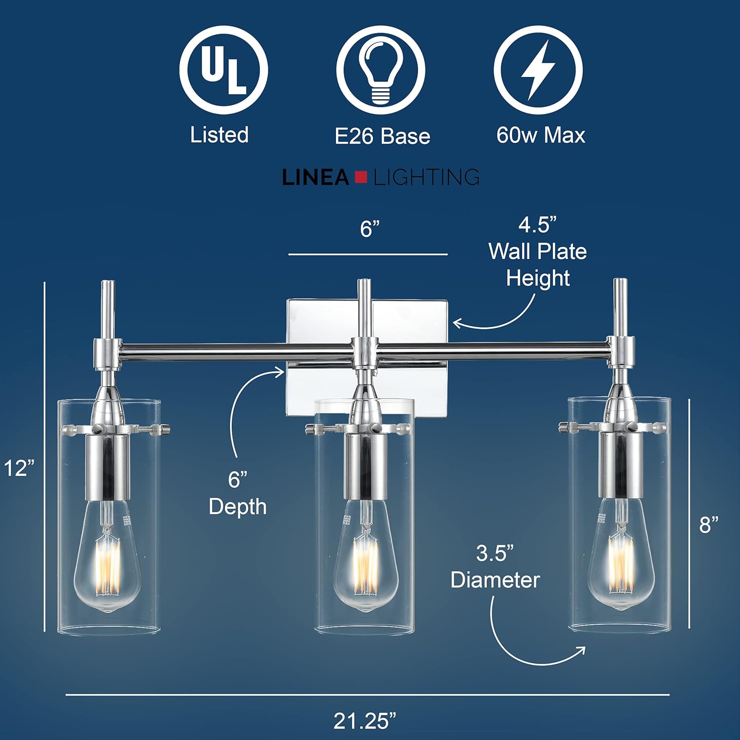 Linea di Liara Effimero Modern Farmhouse Bathroom Vanity Lights Fixtures 3 Lights Over Mirror Chrome Vanity Lights for Bathroom Light Fixtures Industrial Lighting Clear Glass Covers, UL Listed