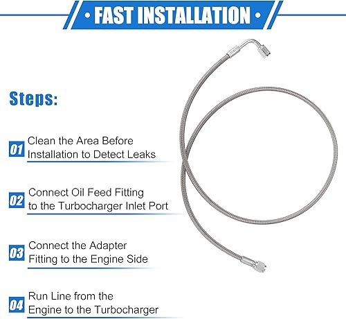 Vista 84 de AN3 - Línea de alimentación de aceite turbo de acero trenzado de 90 grados a extremo de manguera recto, turbocompresor remoto de 24 pulgadas, línea