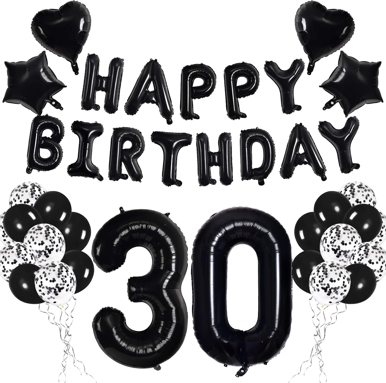 Black 30th Birthday Party Decorations Set for Adults Women Men - Black HAPPY BIRTHDAY Letter Balloon Banner Giant Number 30 Foil Balloon Black Star Heart Balloon Confetti Latex Balloons 28PCS