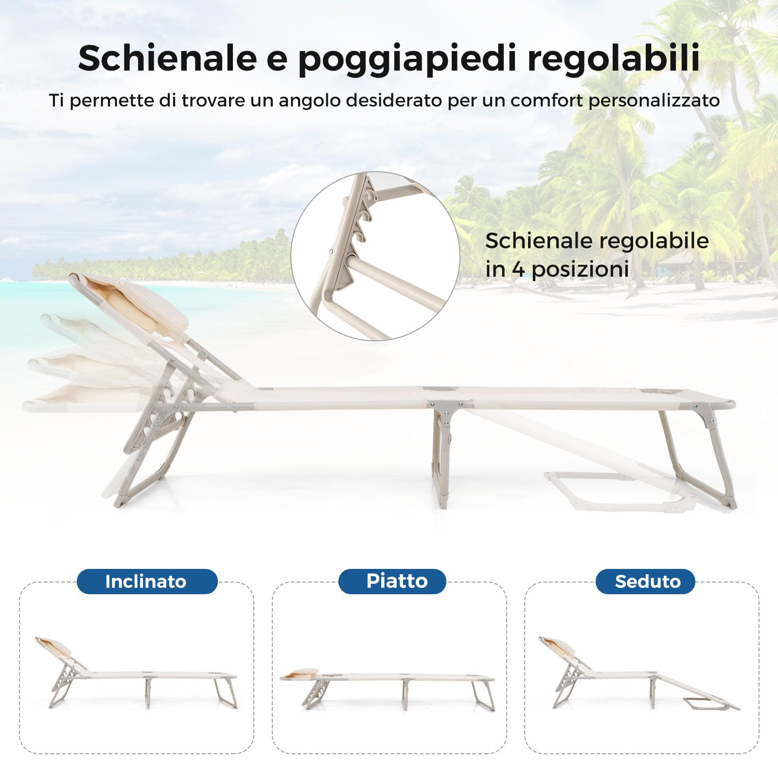 COSTWAY Lettino Prendisole da Spiaggia, Sdraio da Mare Pieghevole Leggero con Fori per Viso e Braccia, Schienale e Poggiapiedi Regolabili, per Esterno e Campeggio, Portata 200 kg, Beige