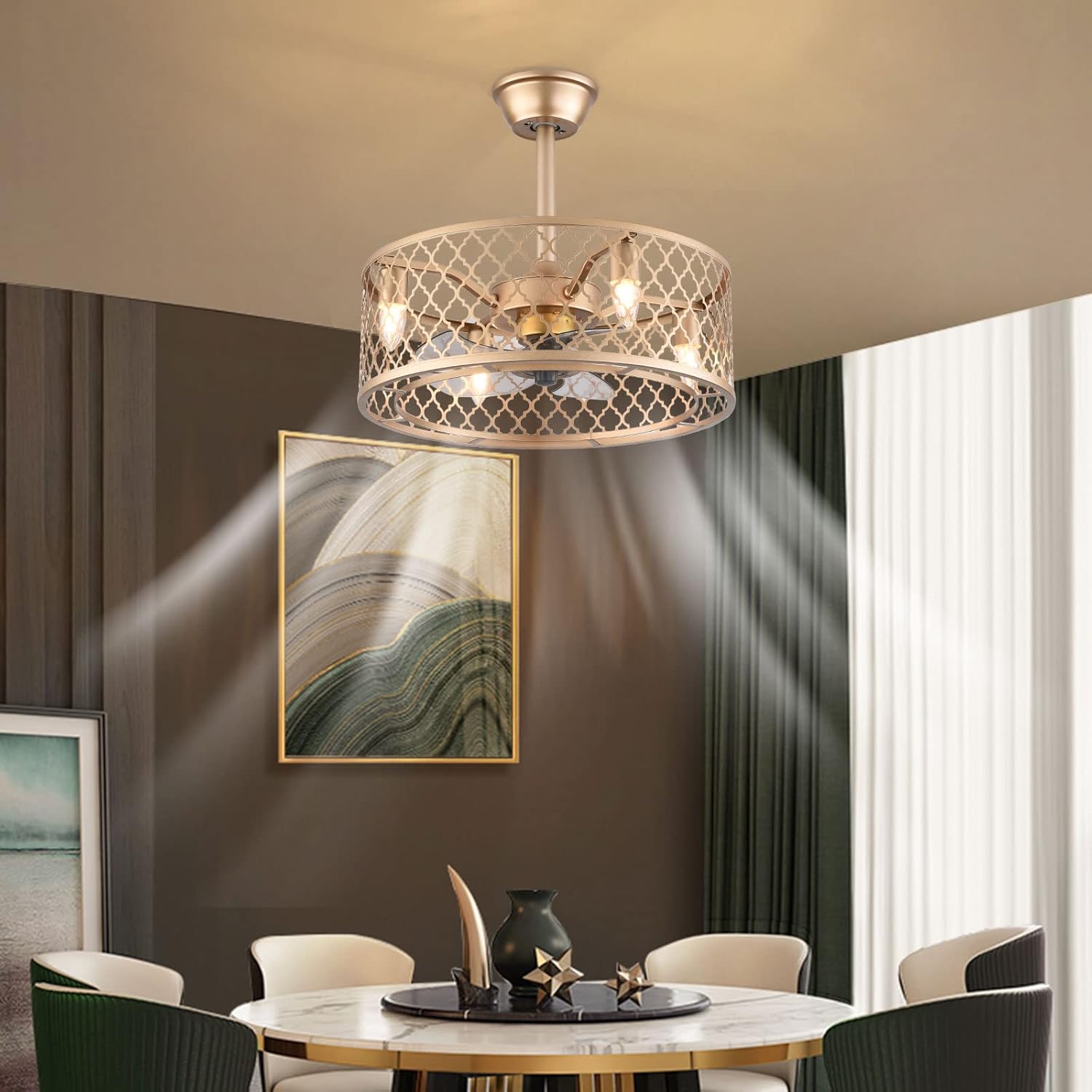 LOYALHEARTDY 20Inch Gold Iron Ceiling Fan with Light Cage Drum Chandelier Fan Remote Control Industrial Lighting Fixture for Dining Room Living Room, US Stock