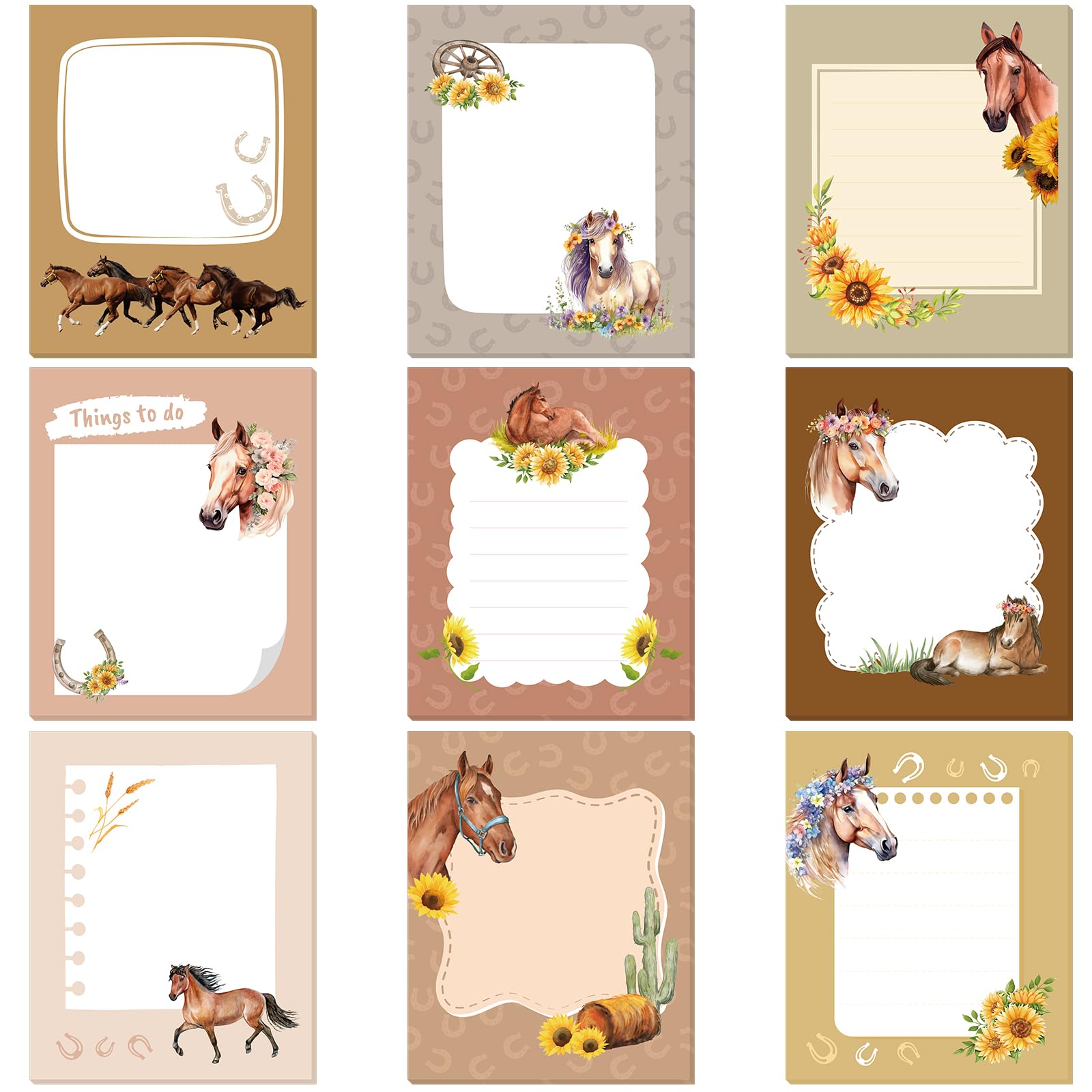 Sabary 9 Pads Cute Sticky Notes Animal Sticky Note Pads 3.15 x 3.94 Inches Colored Adhesive Memo Reminder Decor for Journal School Office Gifts(Horse)