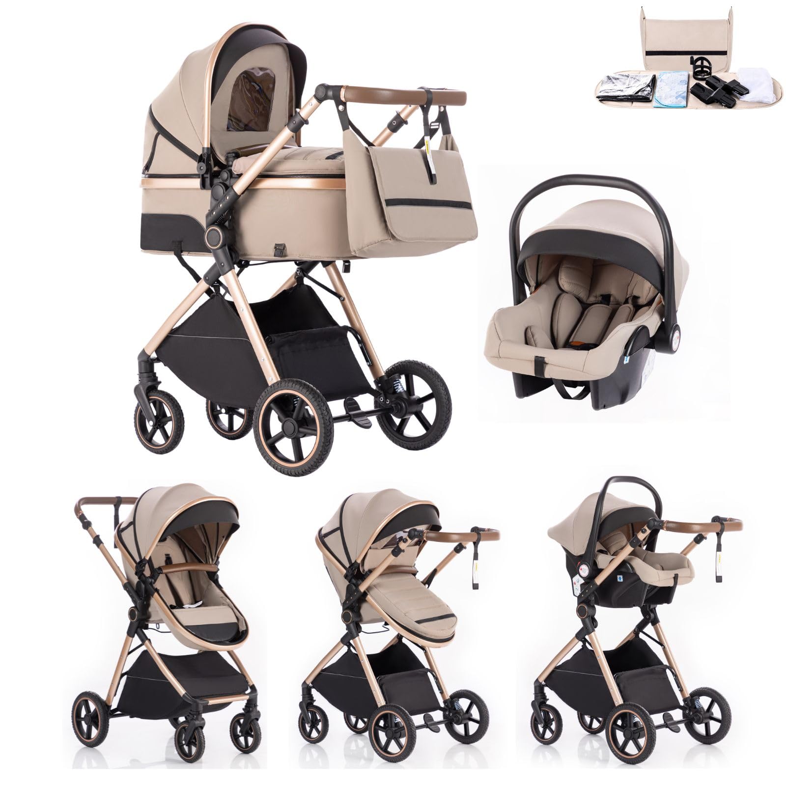 Kombikinderwagen 3 in 1 mit Babyschale, Faltbar Buggy, höhenverstellbarem Griff, Federung, Regenschutz, Moskitonetz, für Neugeborene 0-3 Jahre, Beige-Khaki