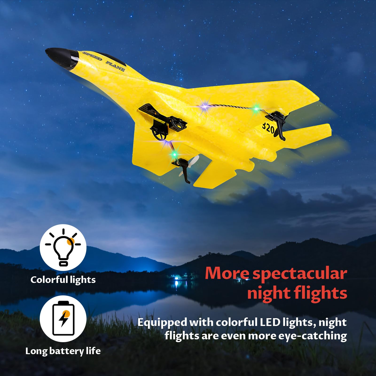 2 Canaux Avion Télécommandé, 2,4 GHz Avion RC avec LED, Facile à Piloter pour Les Enfants et Les Débutants, Chargement USB, Jaune