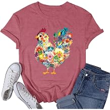 Womens Chicken Shirts Farm Country Floral T-Shirt Colorful Chickens Lover Wildflower Tee Tops