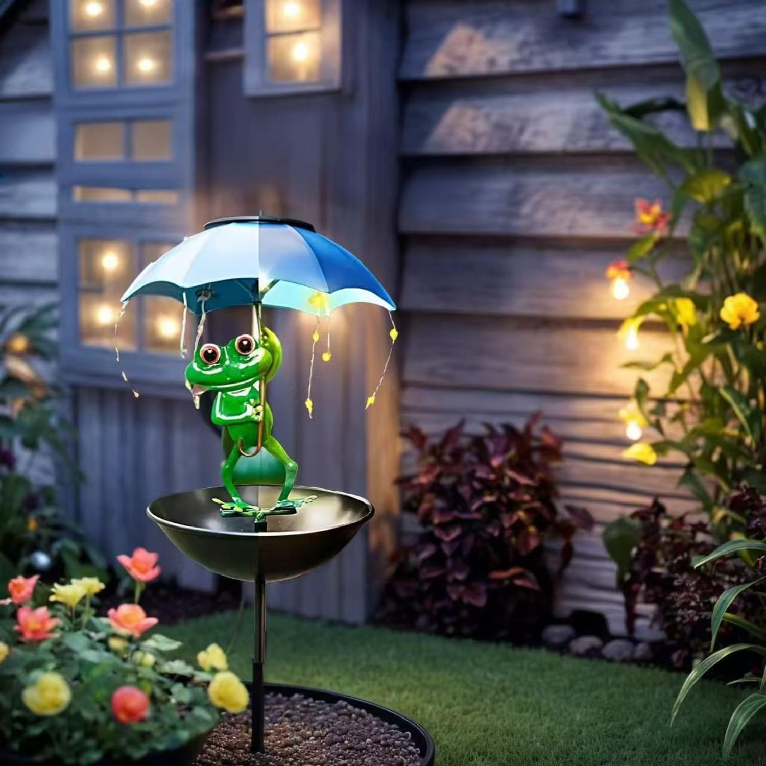 Mangiatoia per uccelli a energia solare con luci a LED, statua decorativa da giardino per esterni, mangiatoia per uccelli selvatici da appendere, in metallo, per cortile, prato, patio, impermeabile