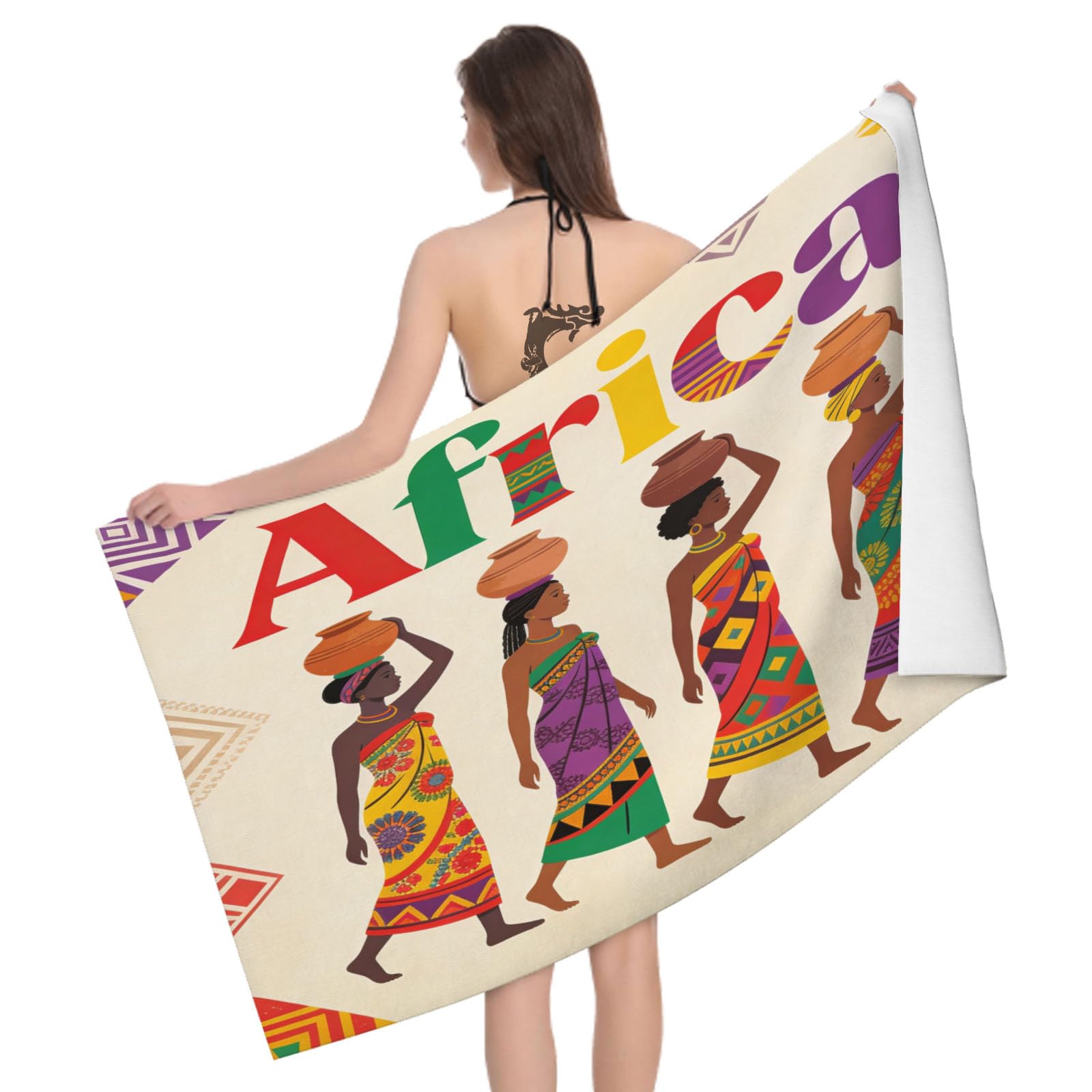 Leichong 3D African Woman Beach Towel Large Microfiber Soft Quick Dry for Adults, Ethnic Style Bath Towel Lightweight Soft Absorbent for Travel Swimming Pool Sports, 80 x 160 cm