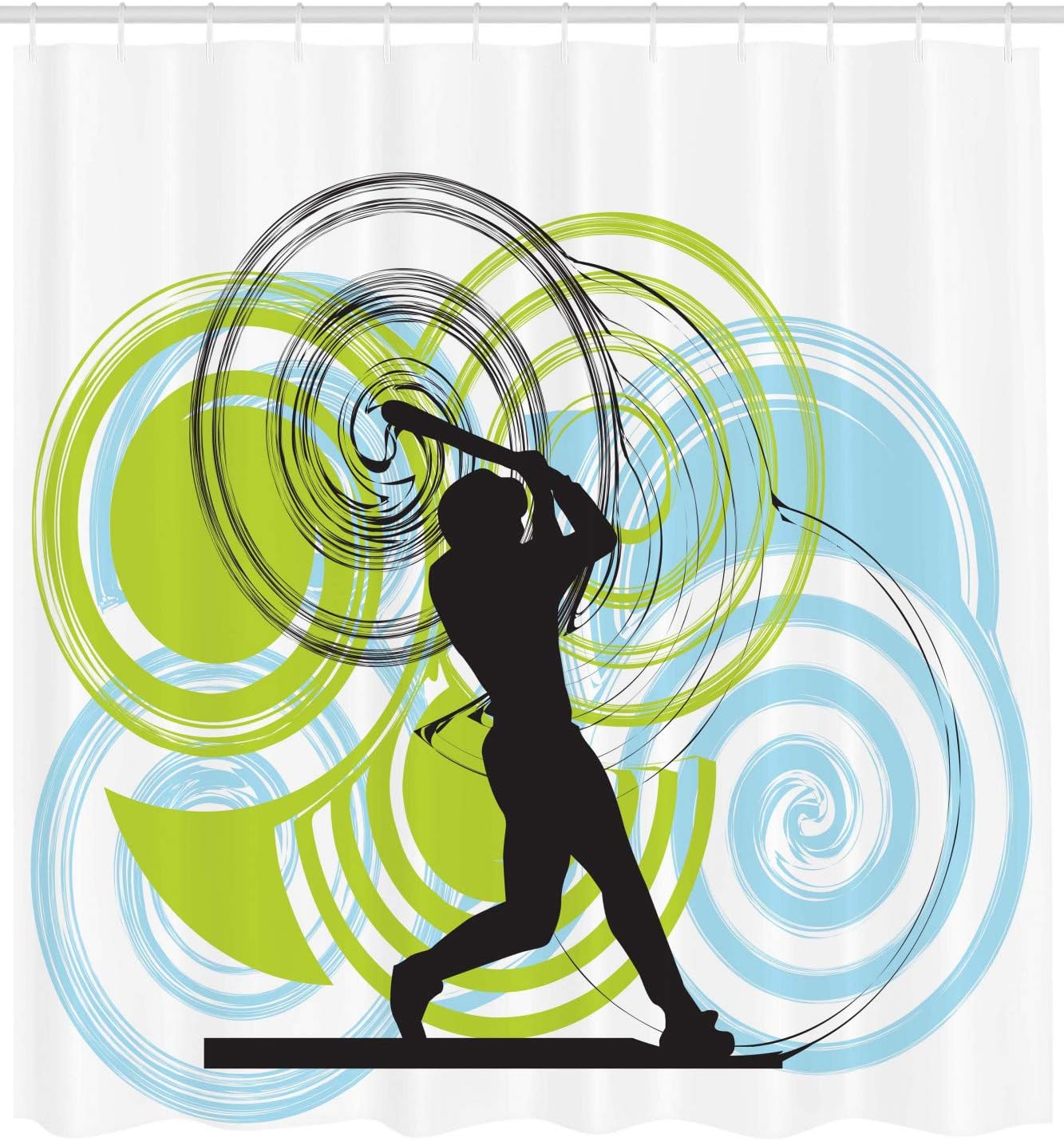 Ambesonne Baseball Shower Curtain, Baseball Player with Circles on His Bat Wild Pitch Fast Win Do It, Cloth Fabric Bathroom Decor Set with Hooks, 69" W x 84" L, Green Blue Black