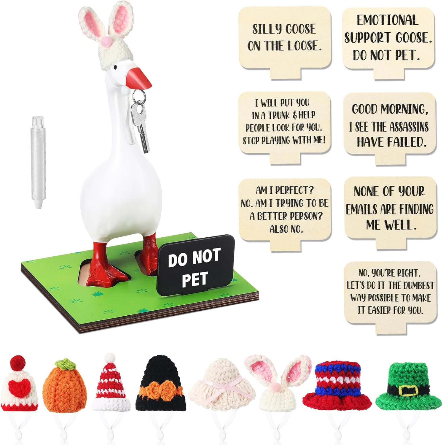 AceOrbit 17 Pcs Magnetic Goose Key Holder Resin Goose Statue with Mini Hats Writable Interchangeable Signs Desk Decor(Holiday)