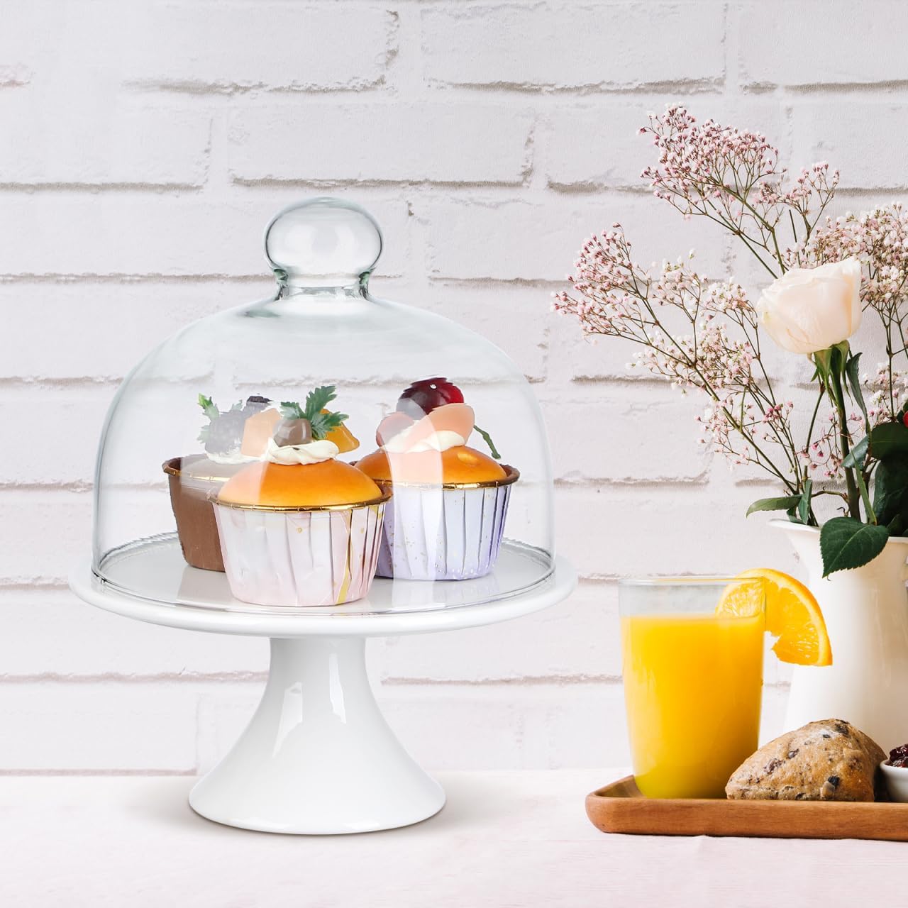 ERINGOGO Cake Stand 8 inch Ceramic Cake Stand, Footed Cake Plate with Glass Dome, Dessert Serving Platter Cheese Board, Wedding Server Tray for Pastries, Doughnuts, Muffin Wedding Decor
