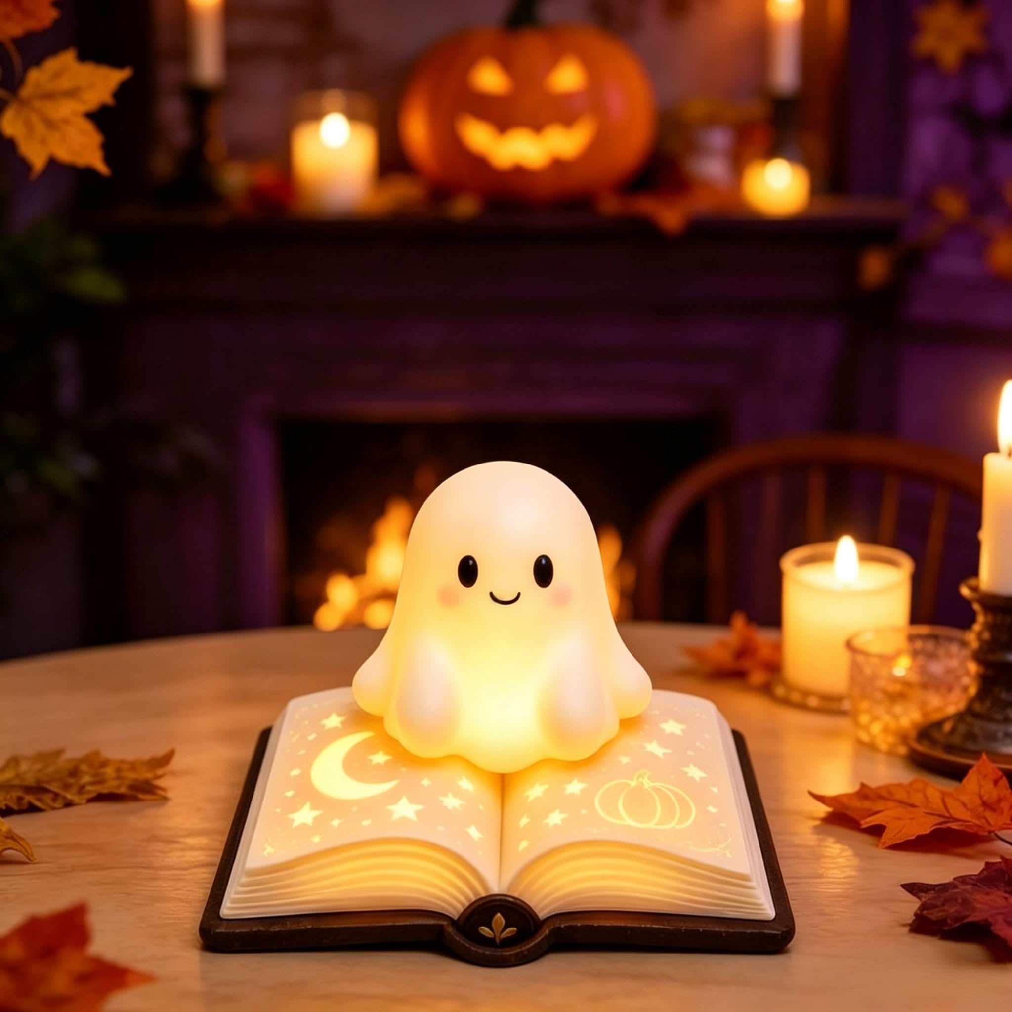 Halloween Ghost Reading Book Lamp, Cute Ghost Night Light with Book Halloween Figurine Statue, 3D Resin Tabletop Figurine Lamp for Bedroom Shelf Desk Spooky Book Lovers Gift