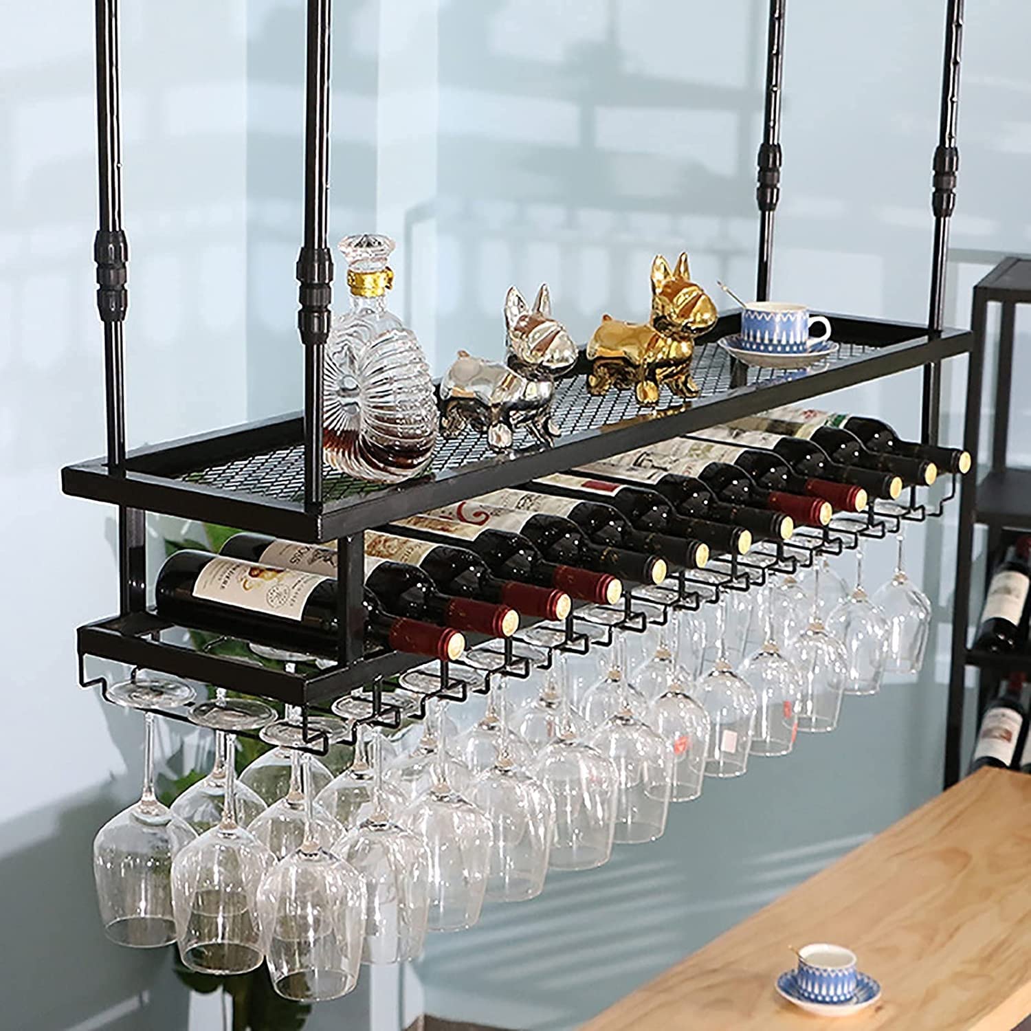 Présentoir de bar et cuisine suspendu avec range-verres ajustable