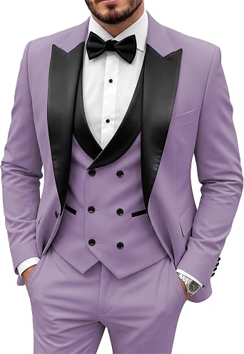 Wangyue Double Breasted Suit Men Mens Tuxedo Suit Set 3 Piece Wedding Tuxedos for Men Slim Fit Prom Suits Groom Tux