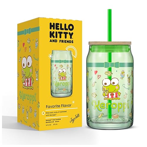 JoyJolt Sanrio Hello Kitty and Friends Favorite Flavor Glass Tumbler with Bamboo Lid and Straw, Leakproof 16oz Clear Soda Can Shaped Cup featuring Keroppi, Hello Kitty Merch - Keroppi