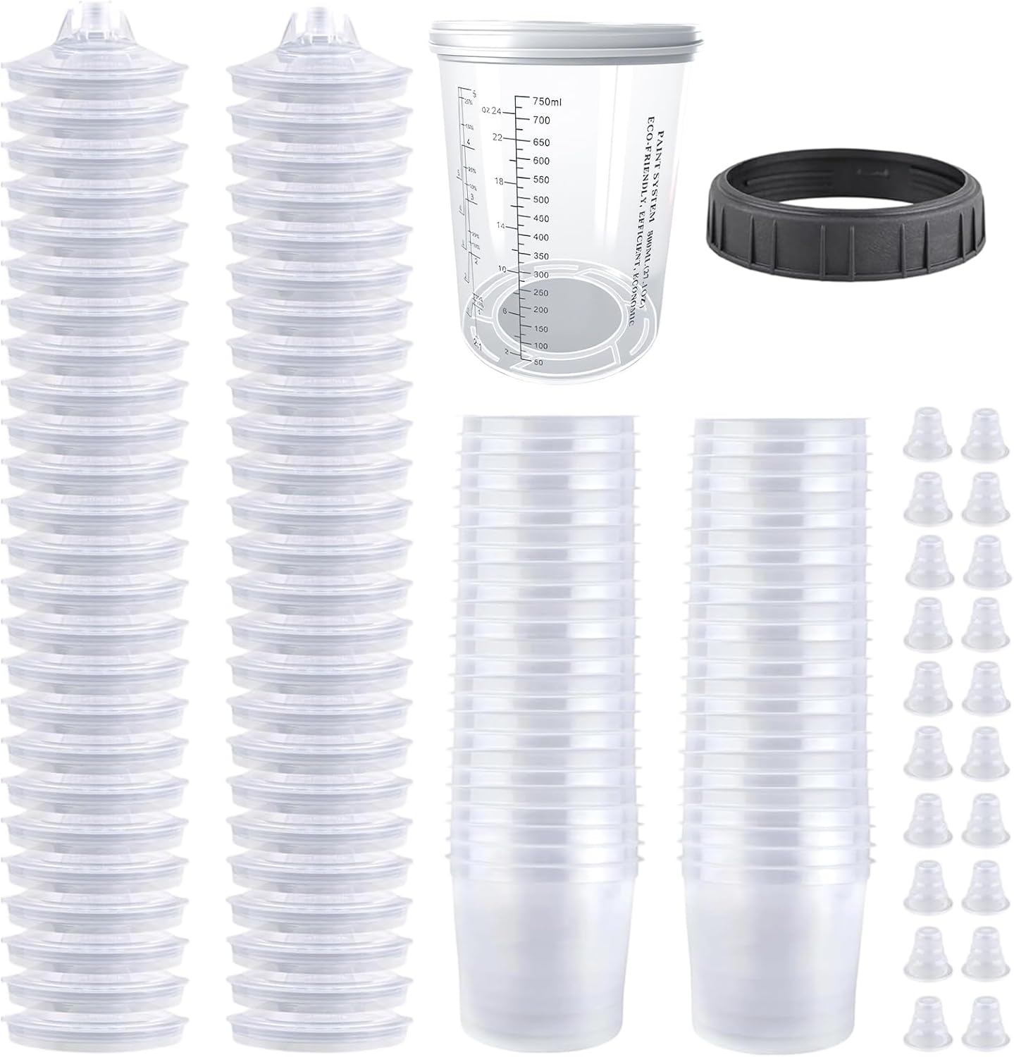 Disposable Paint Spray Gun Cup System for HVLP Paint Spray Paint Gun, Standard 27 Ounce (800ml) Kit with 50 Cups and Lids, 1 Hard Paint Mixing Cup with Retainer Ring and 20 Plugs. Dis-800m1-50pcs