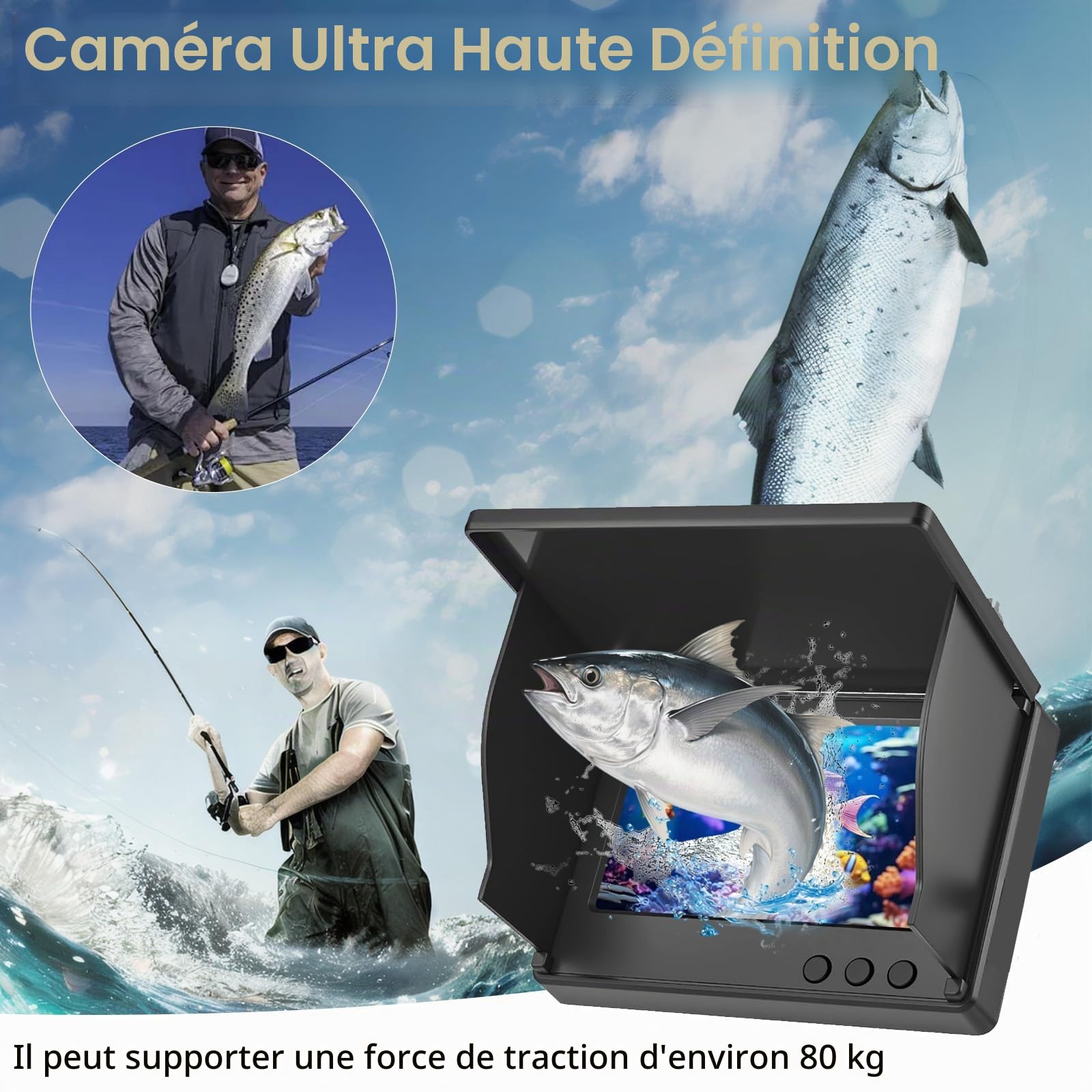 Sondeur de pêche, caméra sous-Marine avec Objectif HD à 220°, caméra sondeur certifiée IP67 avec écran IPS de 4,3 Pouces et câble de 30 m, sondeur Portable pour la pêche en mer et la pêche sur Glace