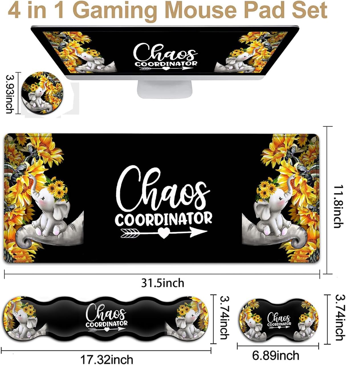 Desk Mouse Pad Office Large Mousepad Extended XXL (31.5x11.8in) Anime Cartoon Cute Baby Elephants with Sunflowers Gaming Mouse Mat Rubber Base Stiched Edges + Memory Foam Keyboard Wrist Rest