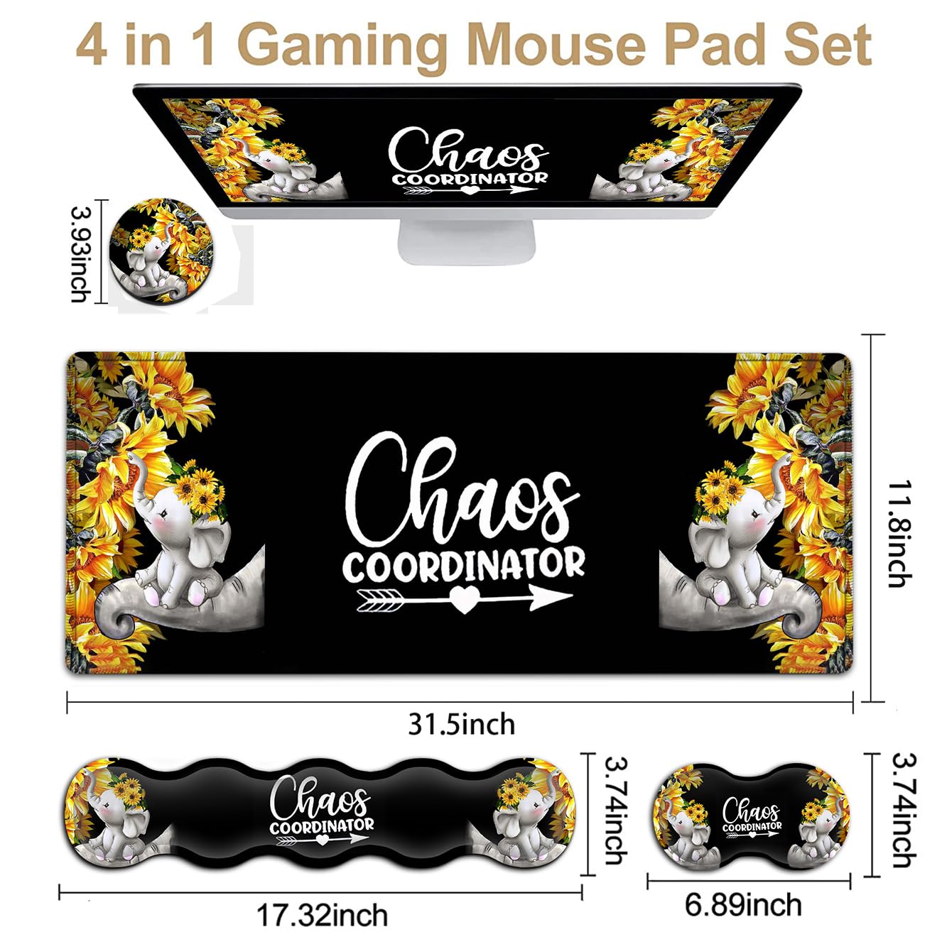 Desk Mouse Pad Office Large Mousepad Extended XXL (31.5x11.8in) Anime Cartoon Cute Baby Elephants with Sunflowers Gaming Mouse Mat Rubber Base Stiched Edges + Memory Foam Keyboard Wrist Rest
