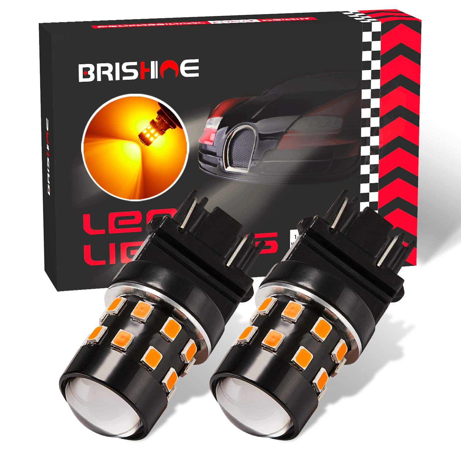 BRISHINE Super Bright 3157 3156 3056 3057 4157 3047 4057 3457 T25 LED Bulbs Amber Yellow 9-30V Non-Polarity 24-SMD LED Chipsets with Projector for Turns Signal Lights, Side Marker Lights(Pack of 2)