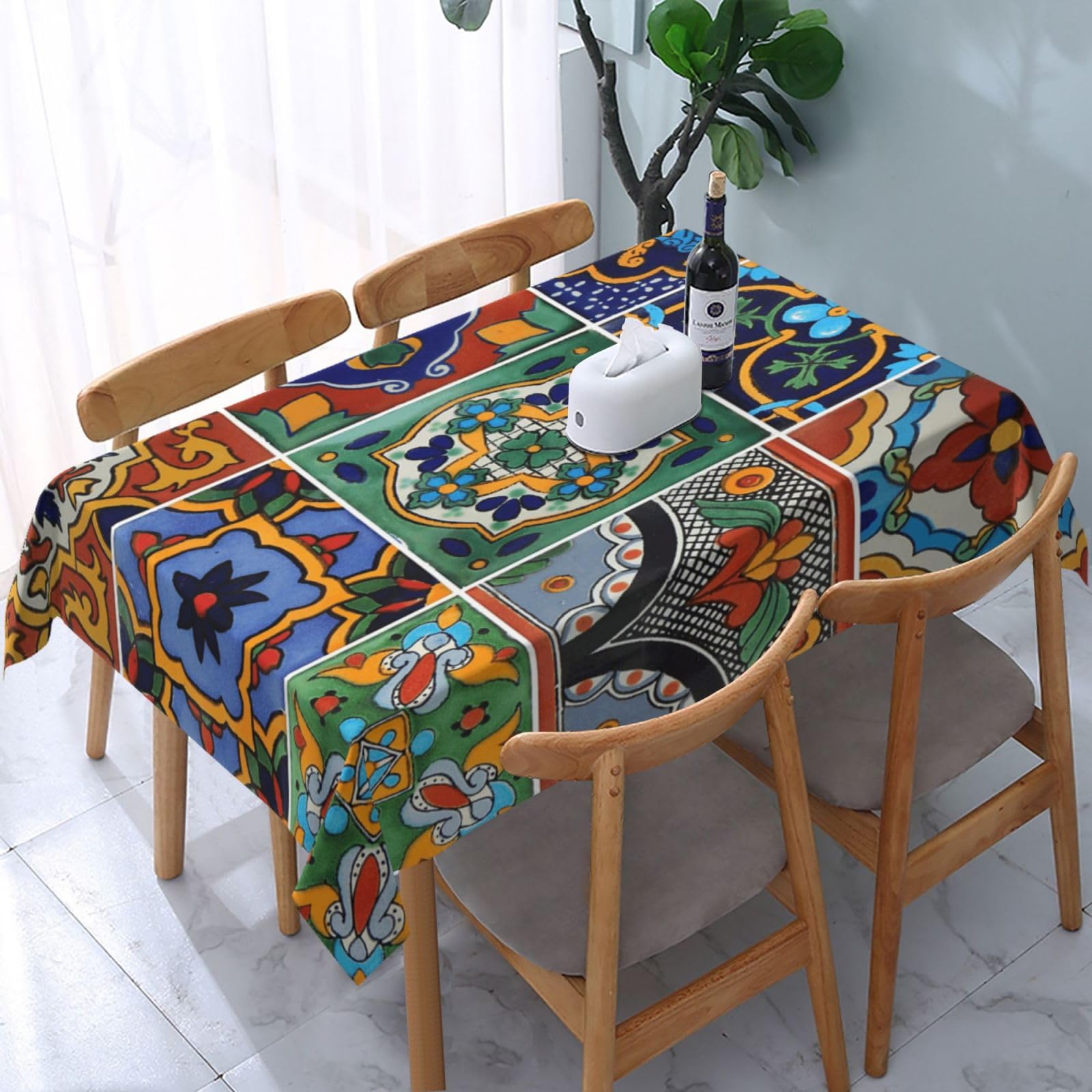 HLBSDM Mexican Talavera Tiles Rectangle Tablecloth, Suitable for Wedding, Party and Restaurant Festival Gathering Event Polyester Fabric Decorative Tablecloth(54x72in)