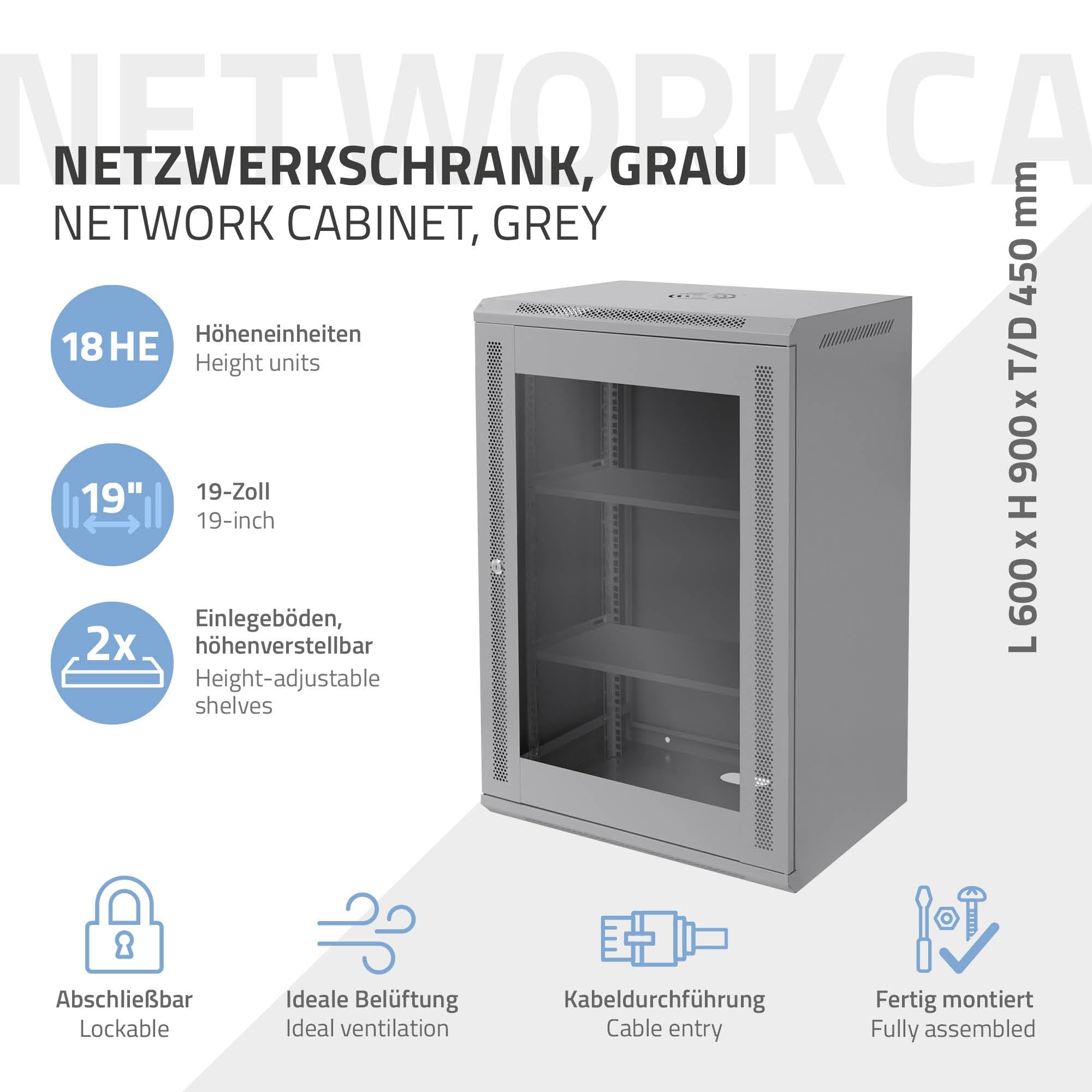 ECD Germany Armadio Rete 18U Armadio per Server 19 Pollici Grigio 450mm Profondità Montaggio a Parete Porta Vetro Sicura Fino a 60 kg Ripiano Incluso Grado di Protezione IP20 Rack 600 x 900 x 450 mm