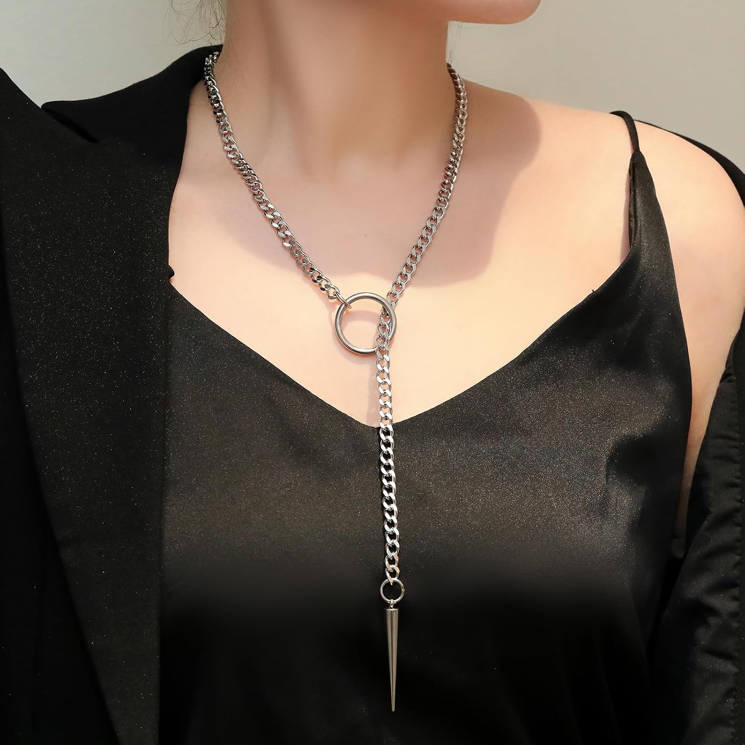 Slip Chain Choker for Women Handmade Black Stainless Steel Cuban Chain Chunky Moon Bat Raven Skull Pendant Gothic Punk Rock Collar Adjustable Lariat Y Necklace for Men