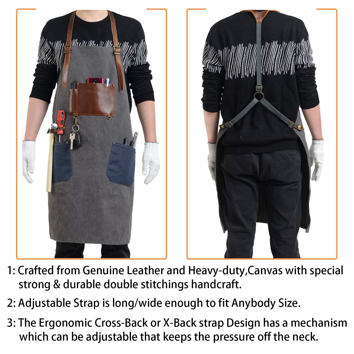 Flipzon Arbeitsschürze für Männer und Frauen, strapazierfähig, Canvas, Herrenschürze für Holzarbeiten, Barber, Schmid, Schreiner, Barista, Kreuz-Rücken-Riemen-Design, verstellbar S bis XXXL (grau)