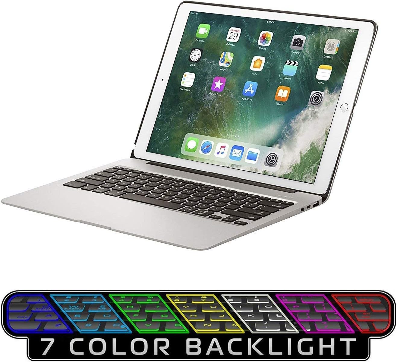 Keyboard Case for iPad Pro 12.9 2017(2nd Gen)/2015(1st Gen),Not for 2018,7 Colors Backlight with Protective Translucent Silicone Keyboard Cover for iPad Pro 12.9(12.9" Silver)